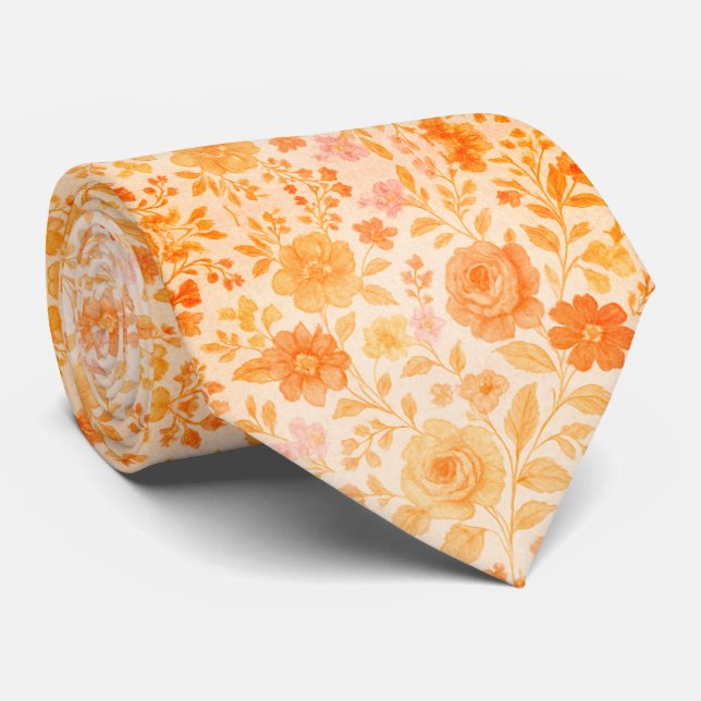 Cream & Peach Floral Pattern Tie (Rolled)