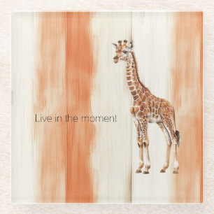Cream Peach Orange Stripes Giraffe Safari Animal Glass Coaster