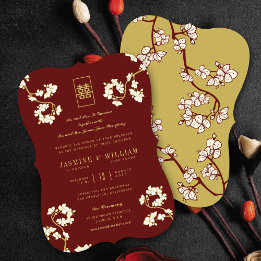 Cream Peach/Plum Blossoms Double Happiness Wedding Invitation