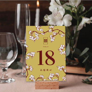 Cream Peach/Plum Blossoms Double Happiness Wedding Table Number