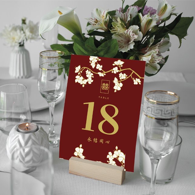 Cream Peach/Plum Blossoms Double Happiness Wedding Table Number (Creator Uploaded)