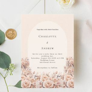 Cream peach rose gold florals arch photo wedding invitation