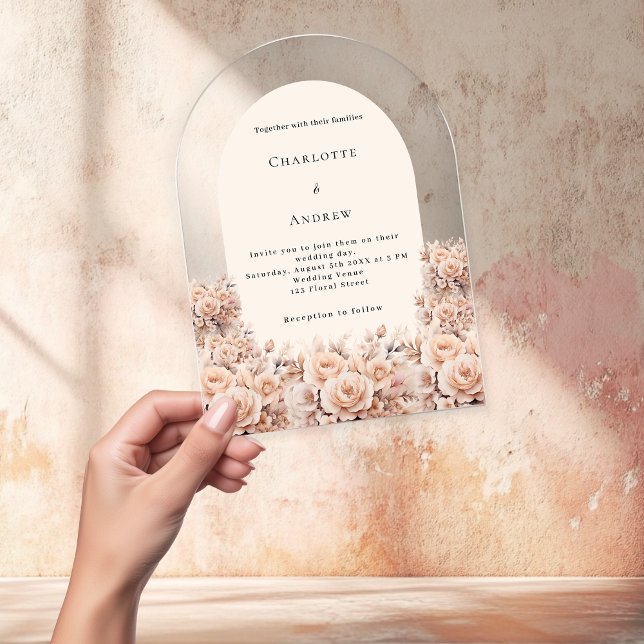 Cream peach rose gold florals arch wedding acrylic invitations (Creator Uploaded)