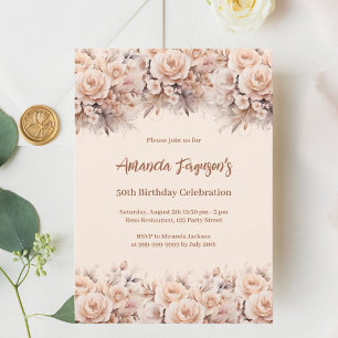 Cream peach rose gold florals birthday invitation