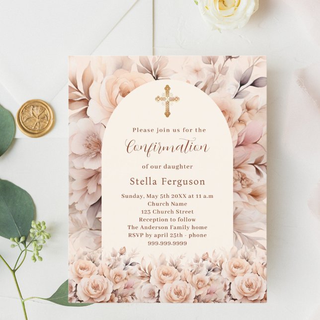 Cream peach roses arch Confirmation invitation (Creator Uploaded)