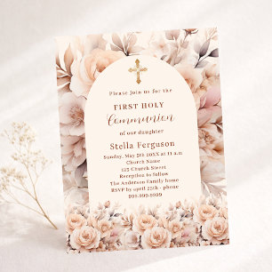 Cream peach roses arch First Communion invitation