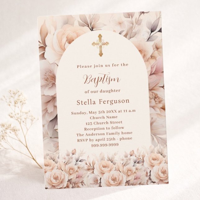 Cream peach roses florals arch Baptism Invitation (Creator Uploaded)