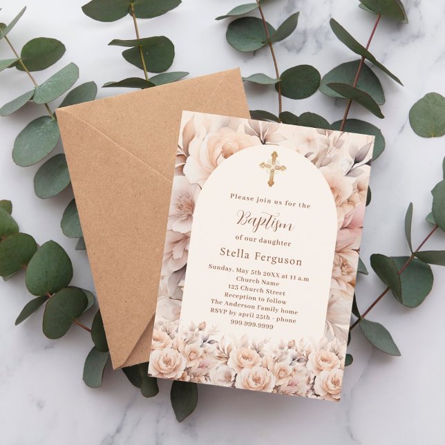 Cream peach roses florals arch Baptism Invitation (Creator Uploaded)