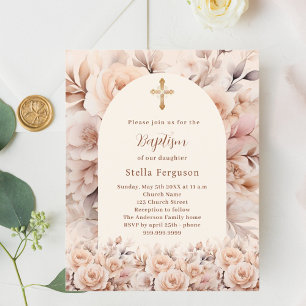 Cream peach roses florals arch Baptism invitation