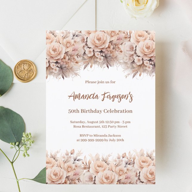 Cream peach roses florals birthday invitation (Creator Uploaded)