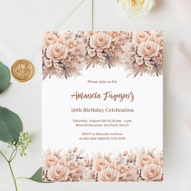Cream peach roses florals birthday invitation (Creator Uploaded)