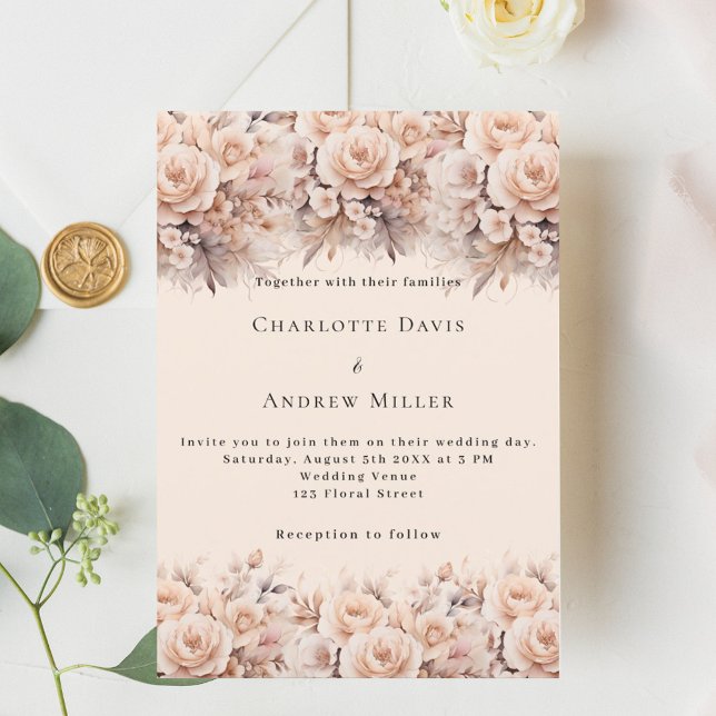 Cream peach roses florals elegant wedding invitation (Creator Uploaded)