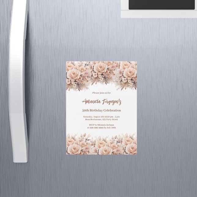 Cream peach roses florals luxury birthday magnetic invitation (Creator Uploaded)