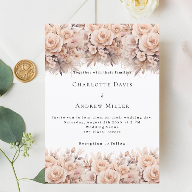 Cream peach roses florals white elegant wedding invitation (Creator Uploaded)
