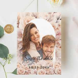 Cream peach roses photo arch wedding save the date