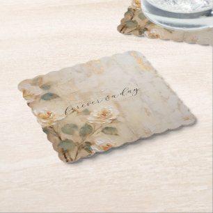 Cream Peach Roses Wedding Paper Coaster