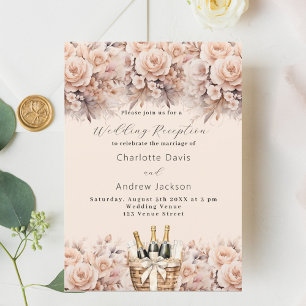 Cream peach roses wine basket wedding reception invitation
