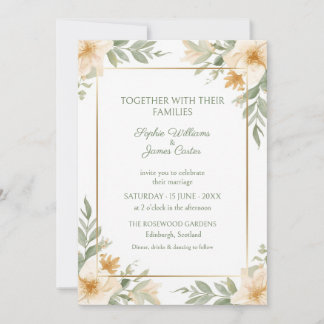 Cream Peach Sage Gold Frame Wedding Invitation