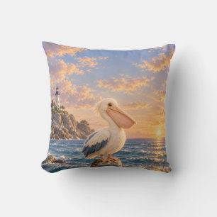 Cream Pelican Golden Coastal Lighthouse Sunset Cushion