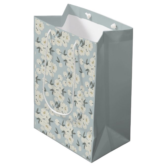 Cream Peonies on Light Blue  Medium Gift Bag (Front Angled)