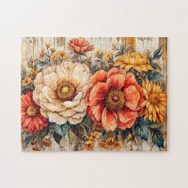 Cream Peony and Orange Zinnia on Wood Jigsaw Puzzle (Horizontal)