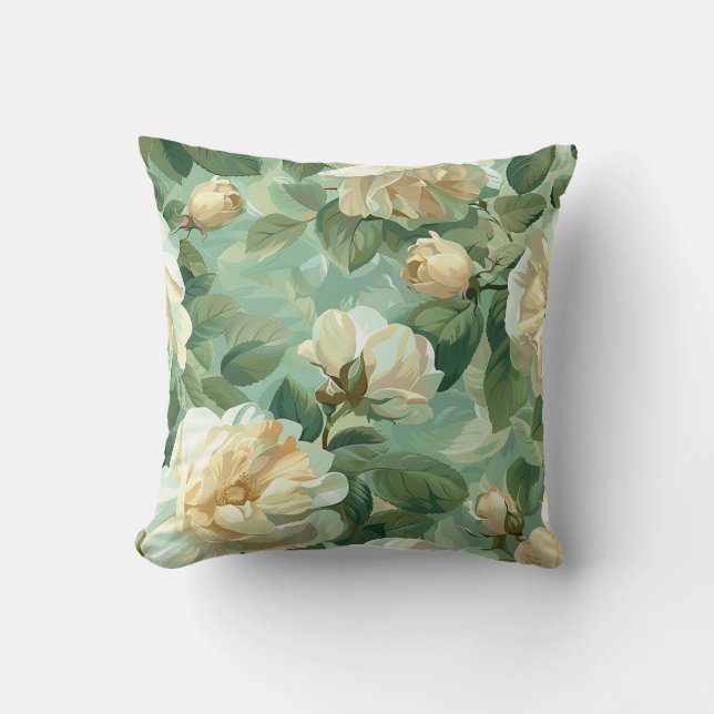 Cream peony flower blossom with greenery cushion (Front)