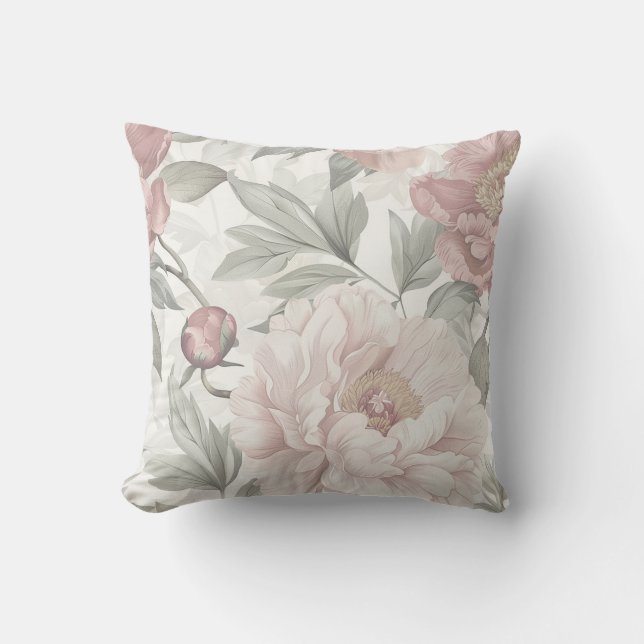 Cream peony flower blossom with greenery cushion (Front)
