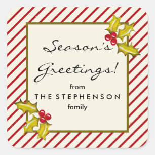 Cream Peppermint Stripe Holly Classic Christmas Square Sticker