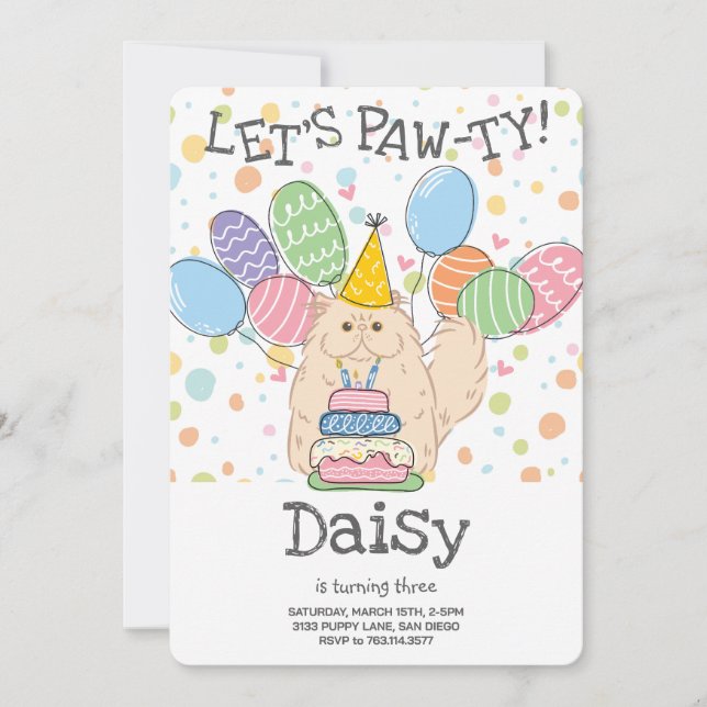 Cream Persian Cat Longhair Birthday Party Invitation (Front)