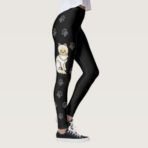 Cream Persian Cute Cartoon Cat & Paws Black Leggings