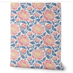 Cream, Pink and Blue Vintage Peony Floral Wallpaper