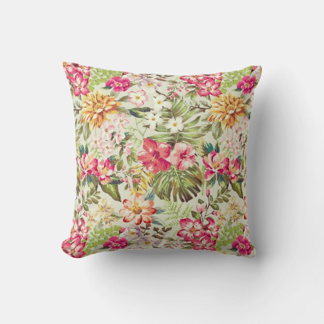 Cream, Pink and Green Tropical Floral Pattern Cushion (Front)