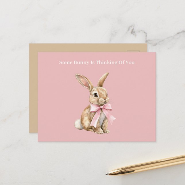 Cream Pink Bow Some Bunny Thinking of You Postcard (Front/Back In Situ)
