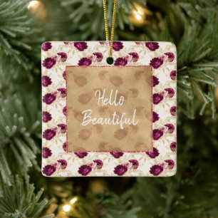 Cream Pink Burgundy Floral        Ceramic Ornament