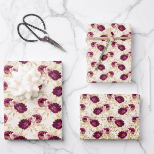 Cream Pink Burgundy Floral Gold Glitz Wrapping Paper Sheet