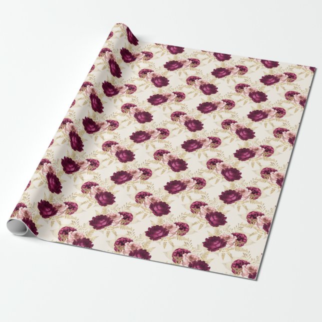 Cream Pink Burgundy Floral Wrapping Paper (Unrolled)