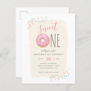 Cream   Pink Doughnut Sprinkle Sweet 1st Birthday Invitation Postcard