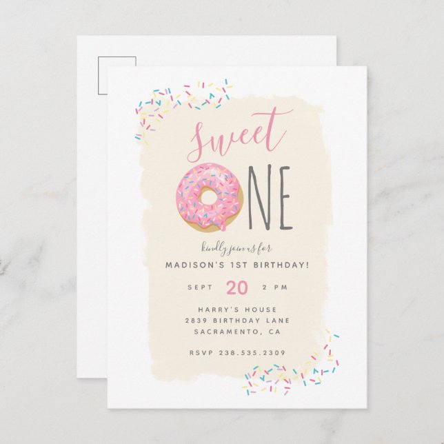 Cream | Pink Doughnut Sprinkle Sweet 1st Birthday Invitation Postcard (Front/Back)