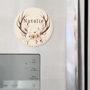 Cream Pink Floral Deer Antlers Personalised Magnet