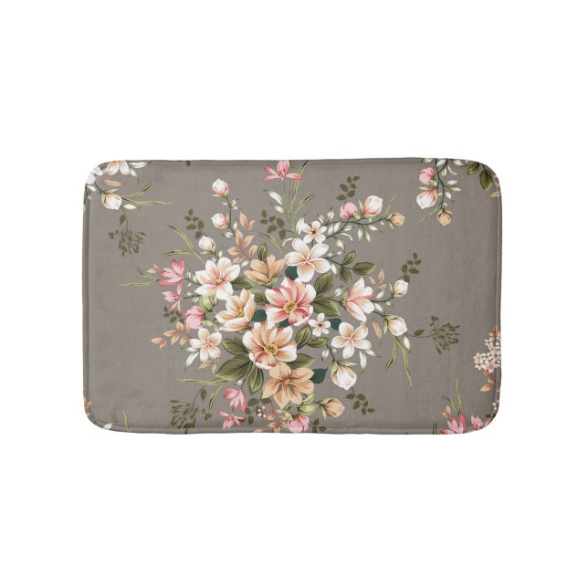 Cream, pink flowers on grey. bath mat (Front)