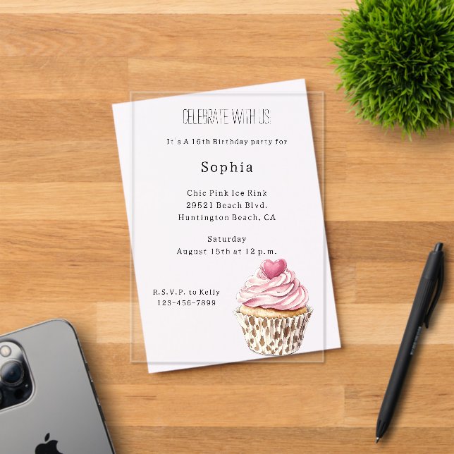 Cream Pink Heart Cupcake Leopard Birthday Acrylic Invitations (Insitu (Invitation Card))