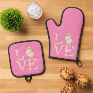 Cream Pink Love Butterfly Floral Oven Mitt & Pot Holder Set