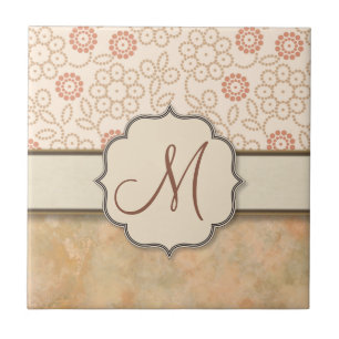 Cream Pink Retro Polkadot Flowers with Monogram Tile