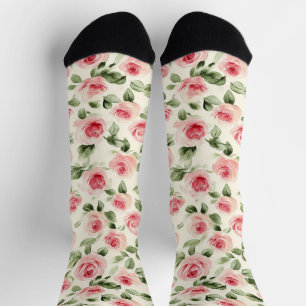 Cream Pink Roses Floral   Socks