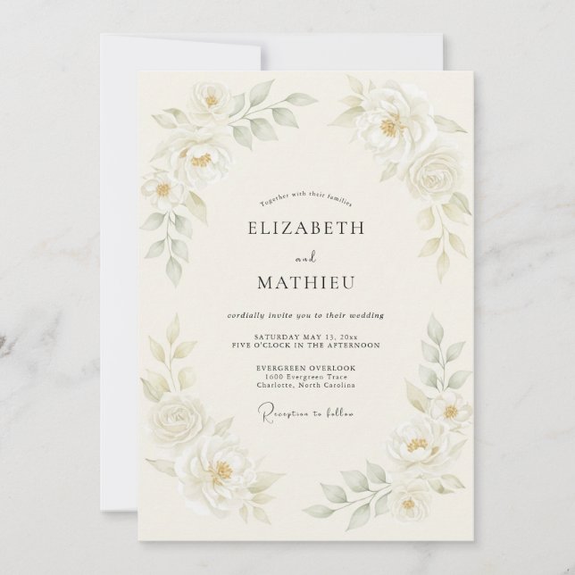 Cream Poetic Botanical Wedding Invitation (Front)