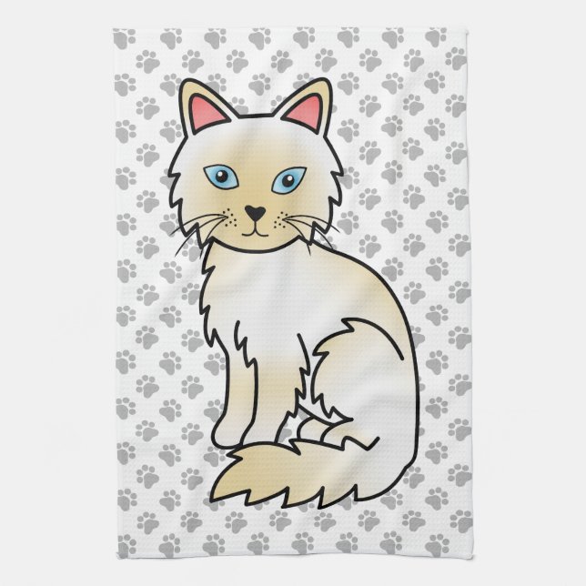 Cream Point Birman / Ragdoll Cute Cat & Paws Tea Towel (Vertical)