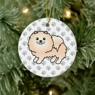 Cream Pomeranian Cute Cartoon Dog & Paws Ceramic Ornament