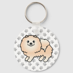 Cream Pomeranian Cute Cartoon Dog & Paws Key Ring