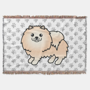 Cream Pomeranian Cute Cartoon Dog & Paws Throw Blanket
