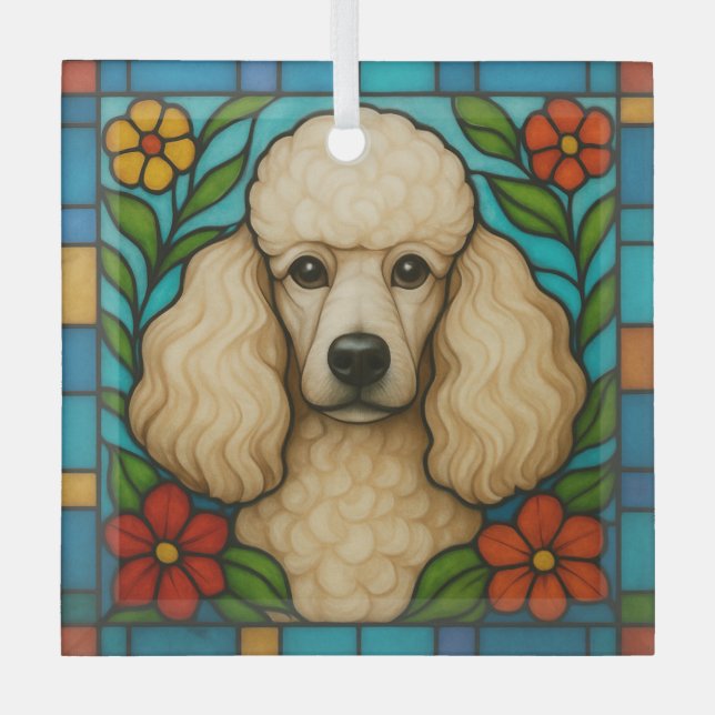 Cream Poodle Dog "Stained Glass"  Glass Tree Decoration (Front)